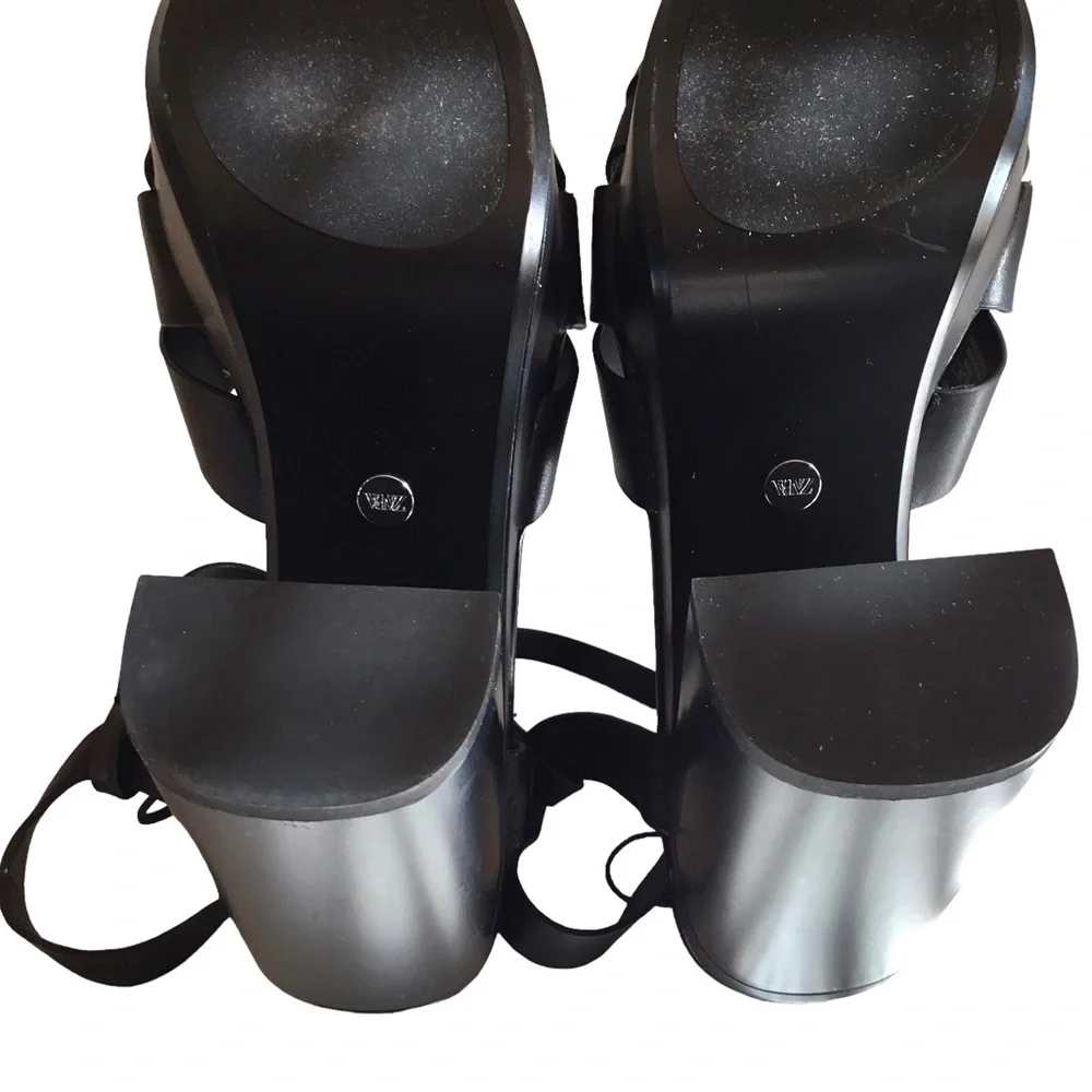 🆕 ZARA Black Y2K Platform Sandals Size 10 Leather  Ankle Strap Retro Sandals - Picture 15 of 16